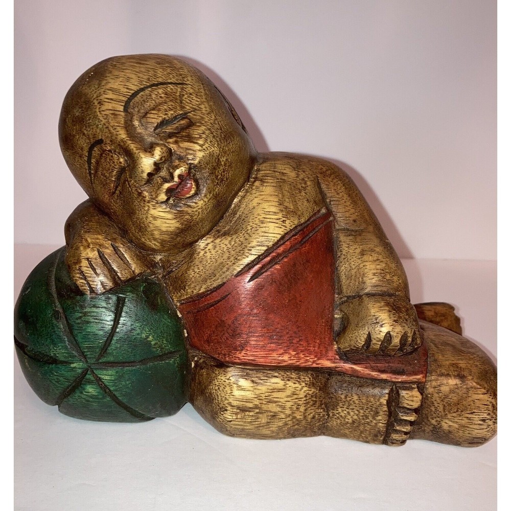 Vintage Wood Hand Carved Sleeping Boy Buddha On Melon Figure Wealth Good Luck